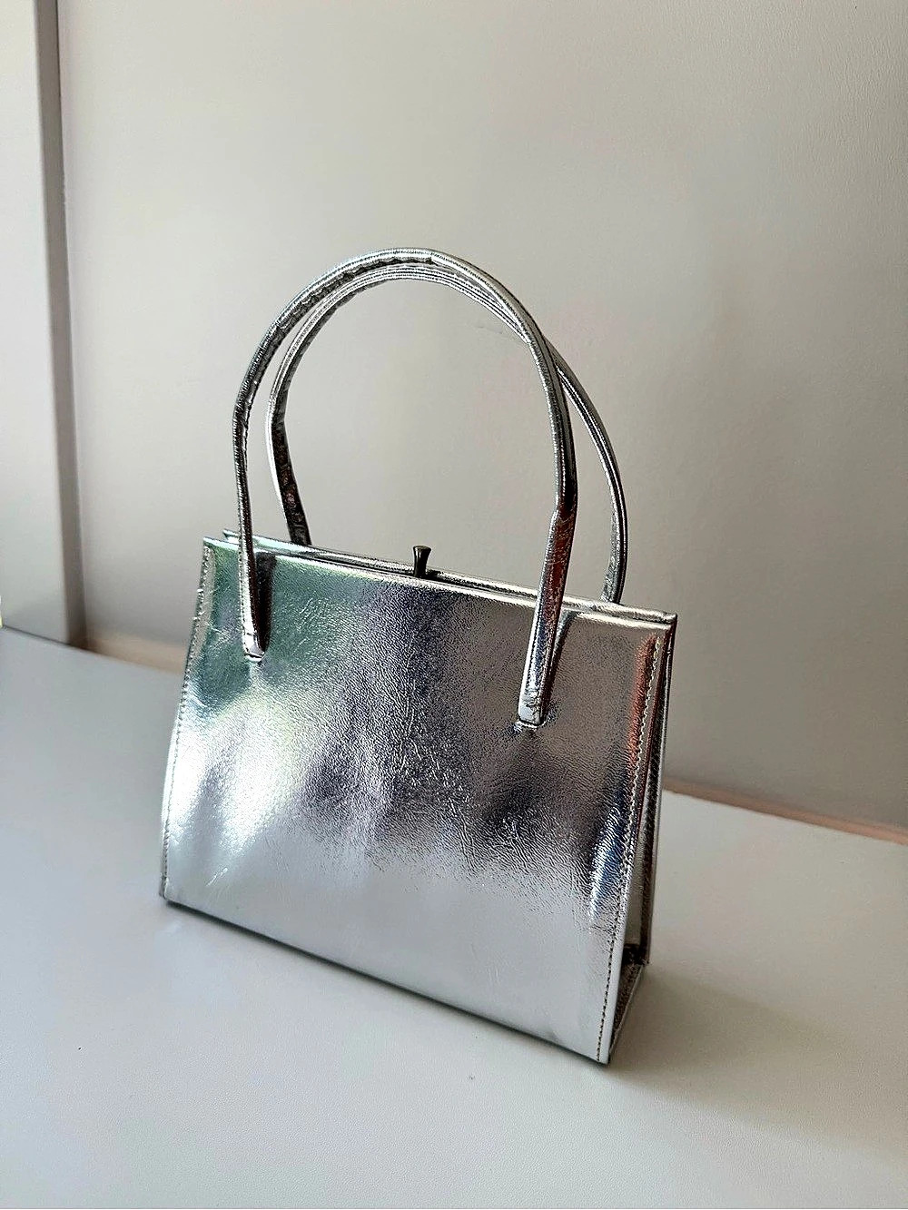 Metallic Silver Structured mini Tote - Picture 2 of 5